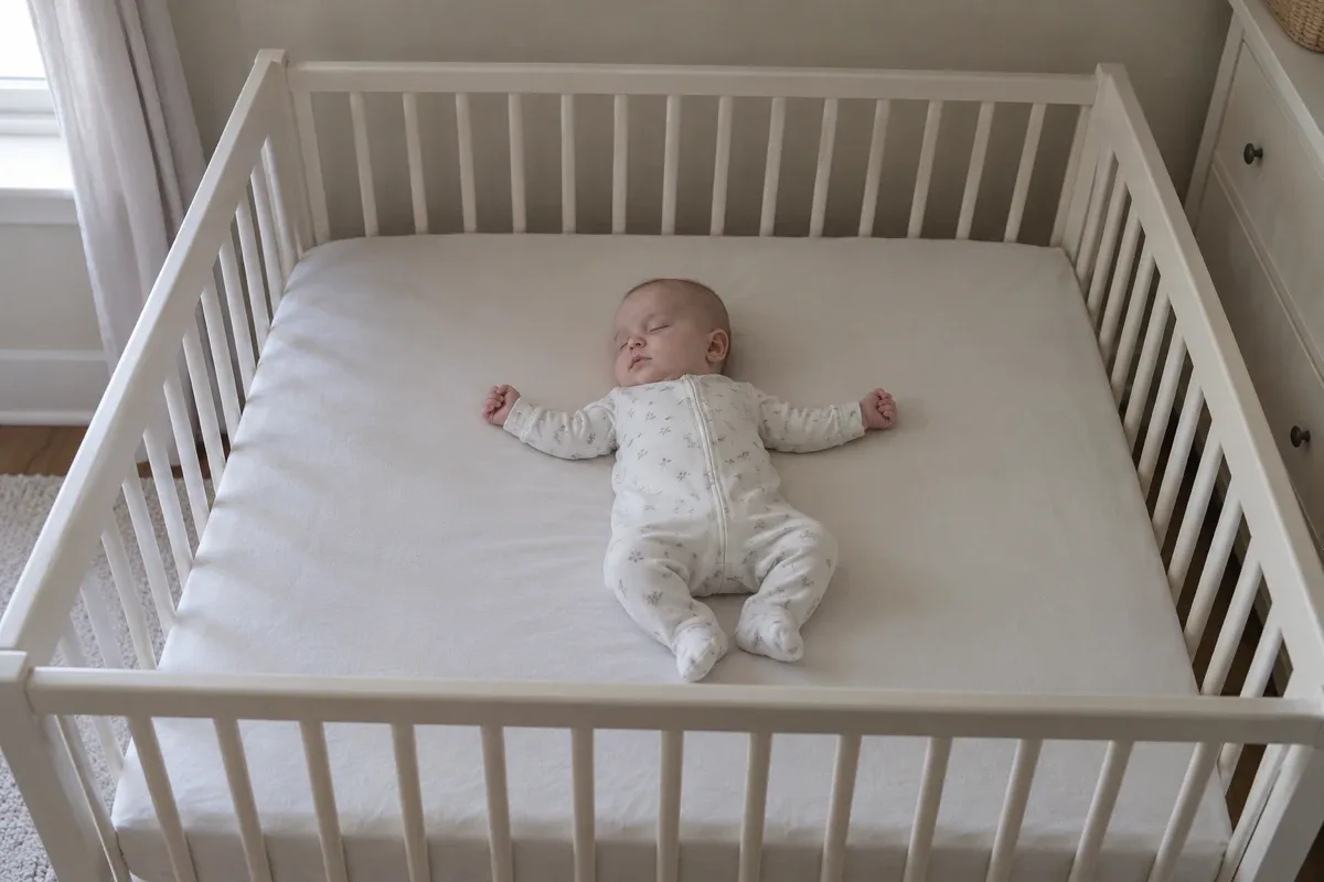 A baby sleeps on their back in a bare crib with a fitted sheet only