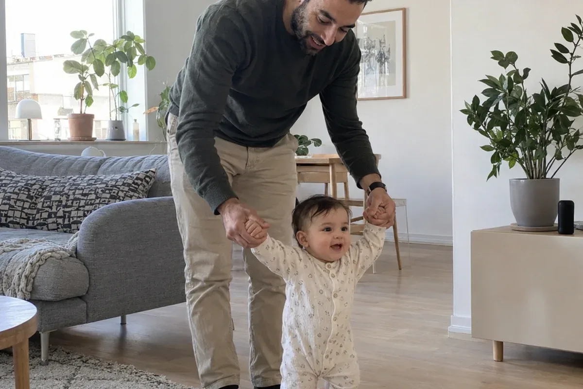 A father holds both hands of his 11 month old as the baby takes wobbly steps across a living room floor