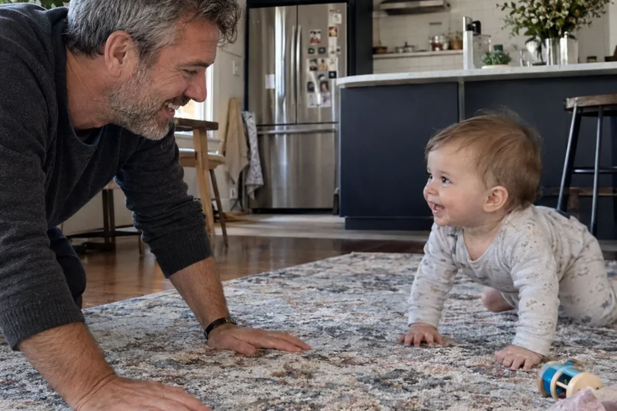 A father on his hands and knees on a living room rug as his 8 month old baby crawls toward him