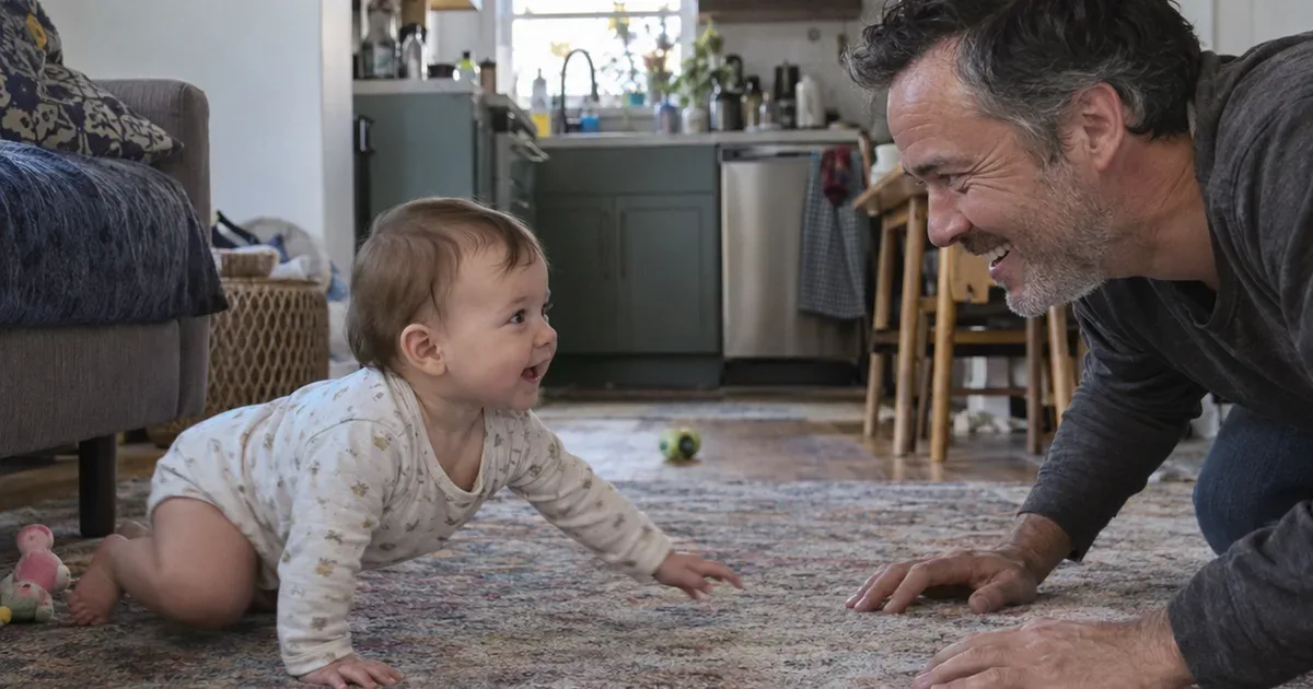 A father with grey stubble on his hands and knees on a living room rug, smiling as his 8 month old crawls toward him
