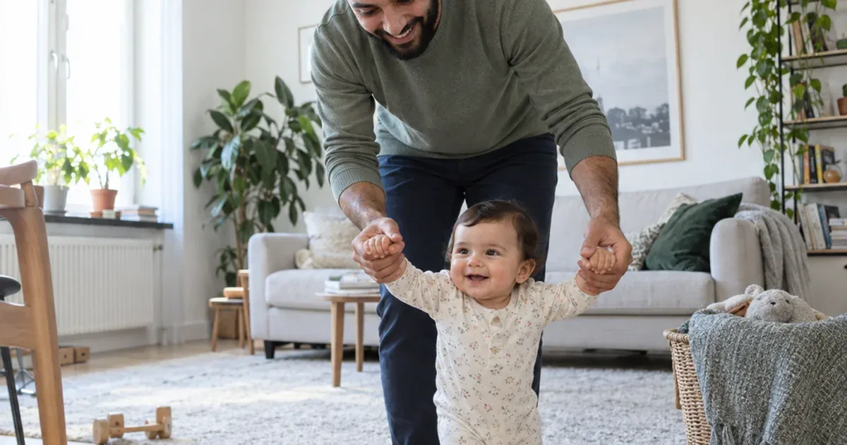 A Middle Eastern father holds both hands of his 11 month old as the baby takes wobbly steps across a bright living room floor