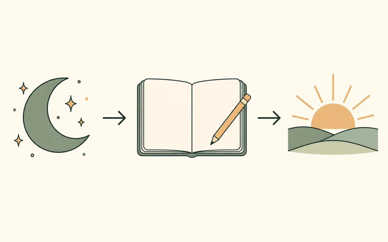 A moon, an open notebook and a sunrise connected by arrows