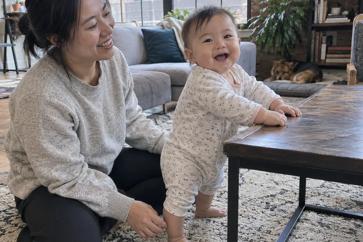 A mother kneels beside her 9 month old as the baby pulls up to stand holding the edge of a low coffee table
