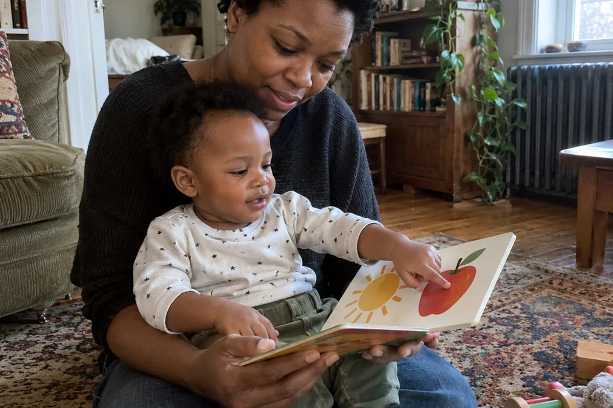A mother sits on the floor reading a board book with her 1 year old in her lap, who points at the pictures