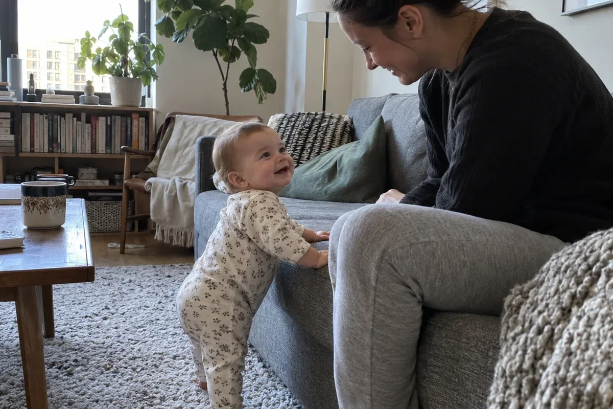 A mother sits on the sofa edge as her 10 month old cruises along the sofa holding on, grinning up at her