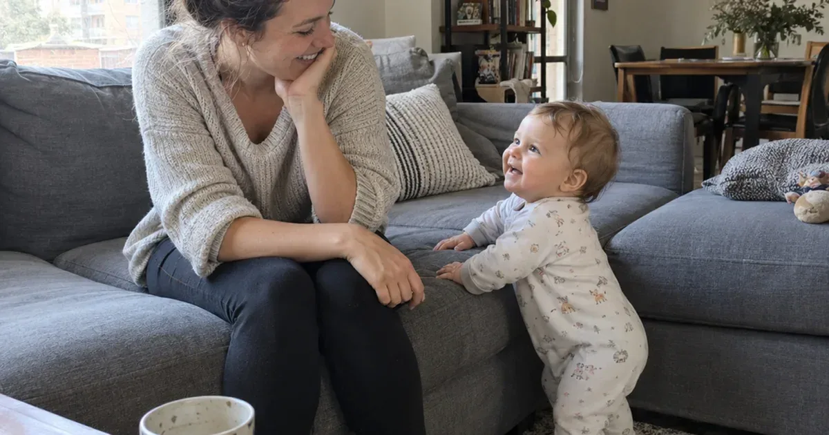 A mother with a messy bun sits on the edge of a grey sofa, laughing as her 10 month old cruises along it holding the cushions