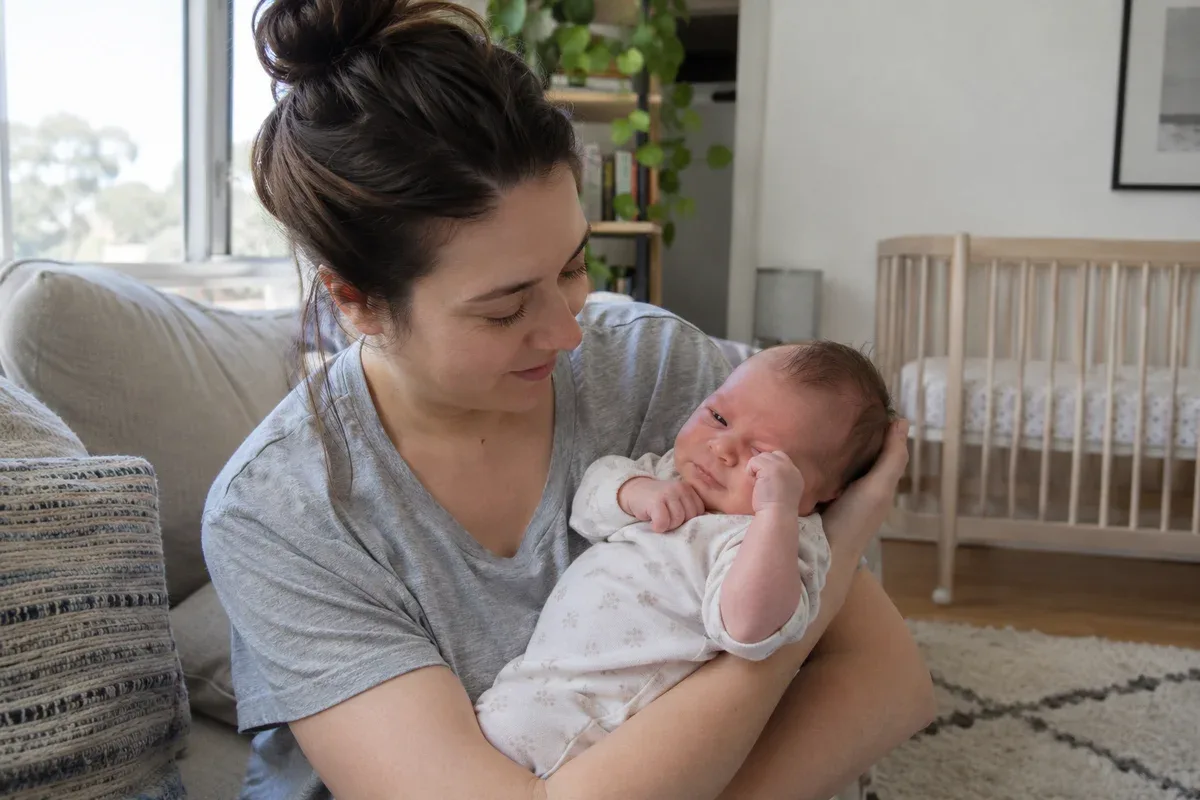 A newborn in a parent's arms rubbing one eye with a tiny fist, an empty crib in the background
