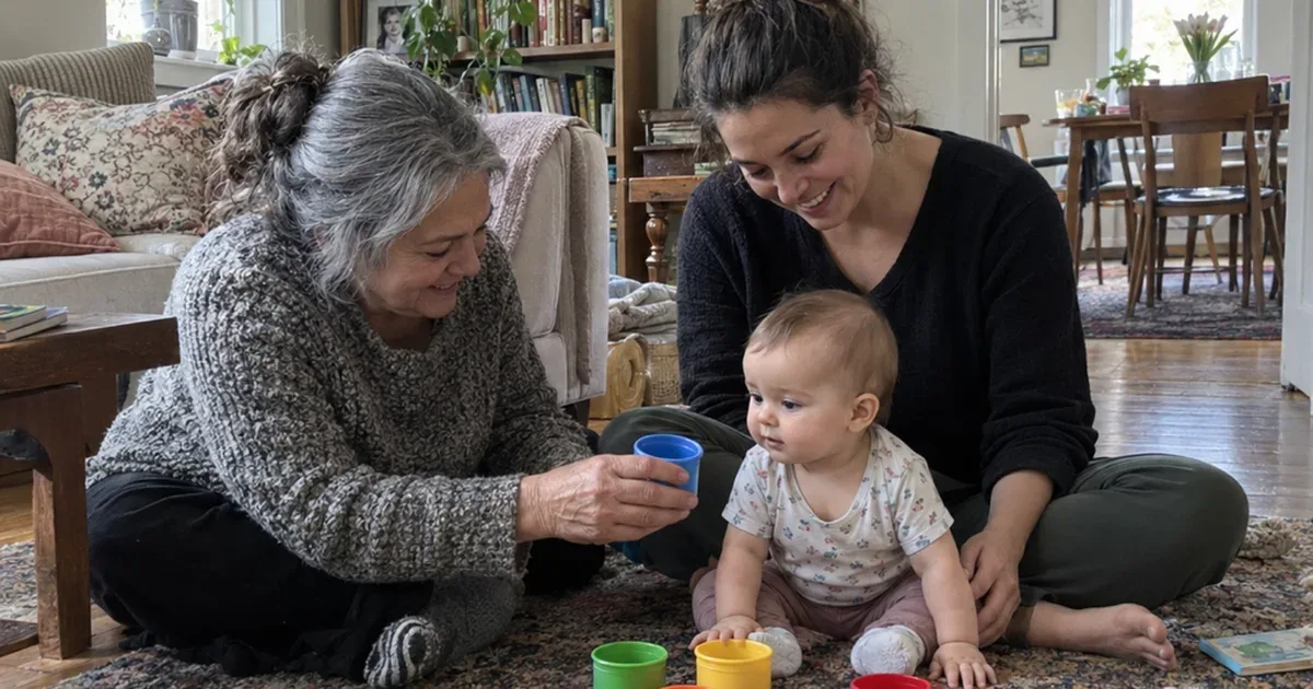 A parent holding a bright eyed 6 month old on their lap at a kitchen table in morning daylight