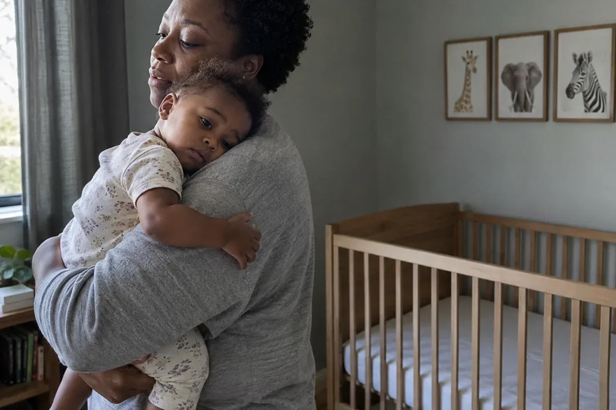 A parent in a dim nursery sways with a drowsy but awake 1 year old on their shoulder, an empty crib behind