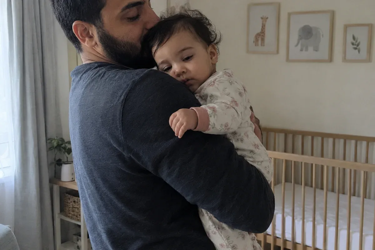 A parent in a dim nursery sways with a drowsy, still-awake 11 month old on their shoulder, an empty crib behind