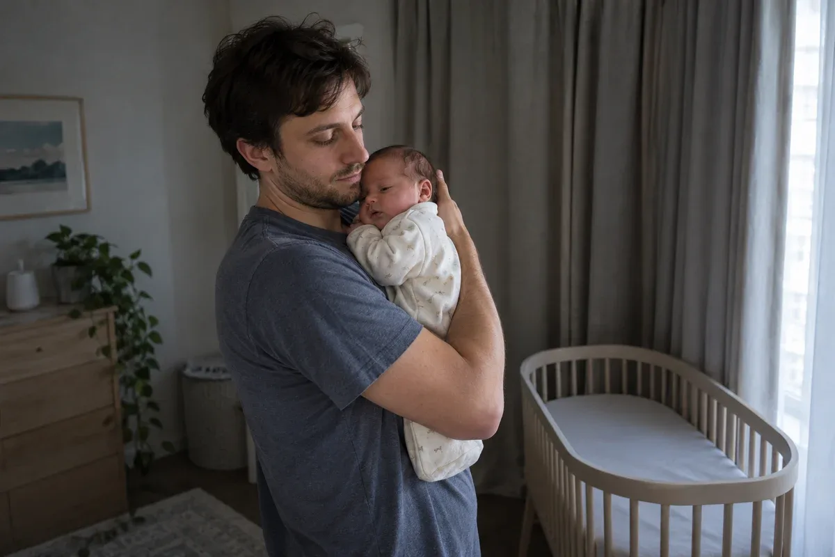 A parent in a dim room with curtains drawn holding a drowsy newborn upright on their shoulder, empty bassinet beside them