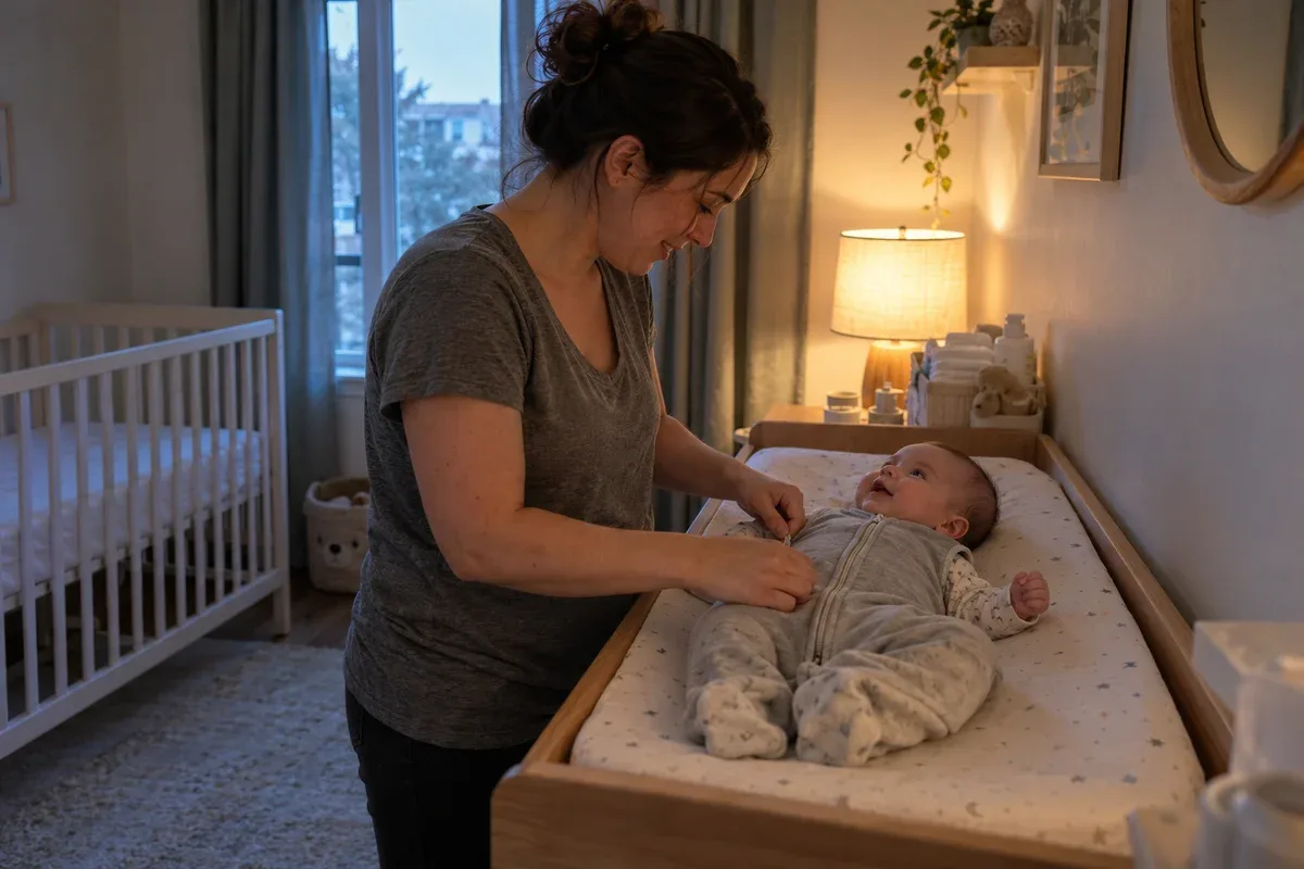 A parent in a lamp-lit nursery zipping a smiling 3 month old into gray footed pajamas on a changing table