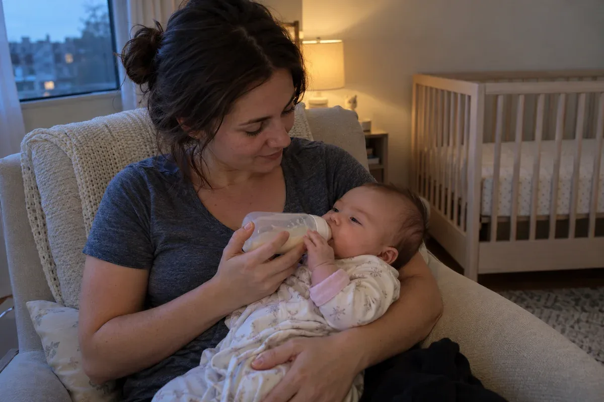 A parent in a nursery armchair giving a bottle to a 3 month old in evening lamp light, an empty crib in the background