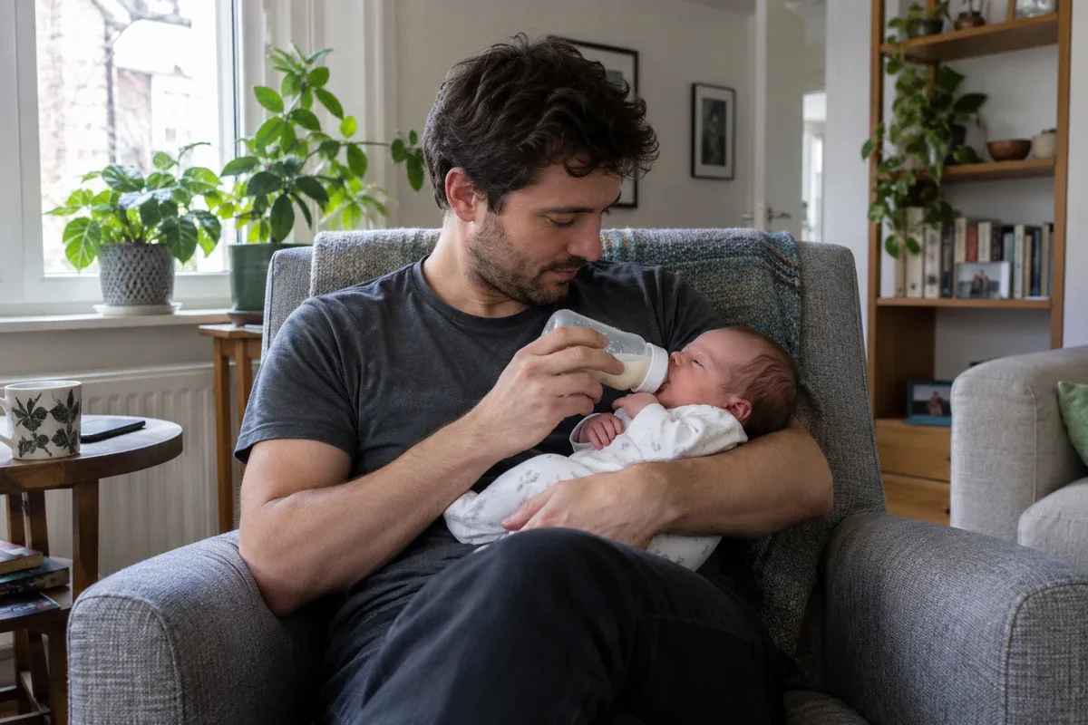 A parent in an armchair bottle-feeding a newborn whose eyes have closed while still sucking