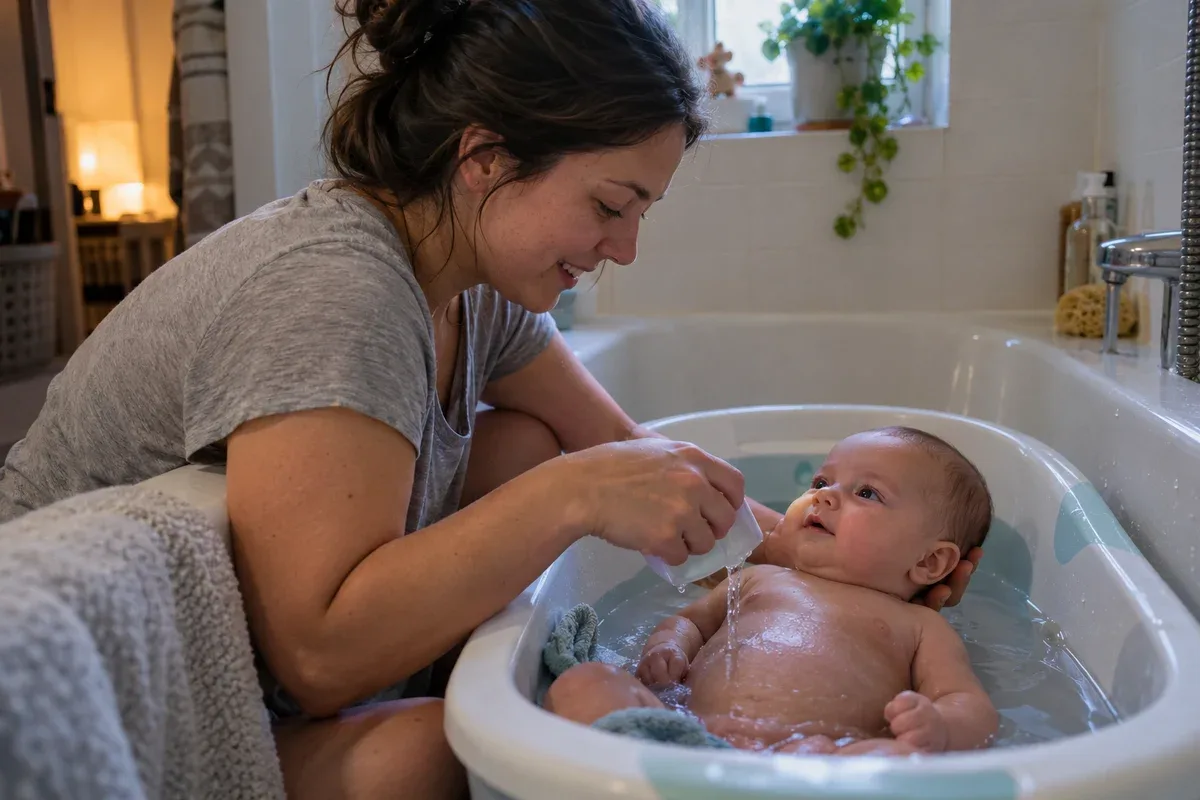 A parent kneeling by a baby bathtub, supporting an awake 3 month old and pouring a little warm water over their tummy