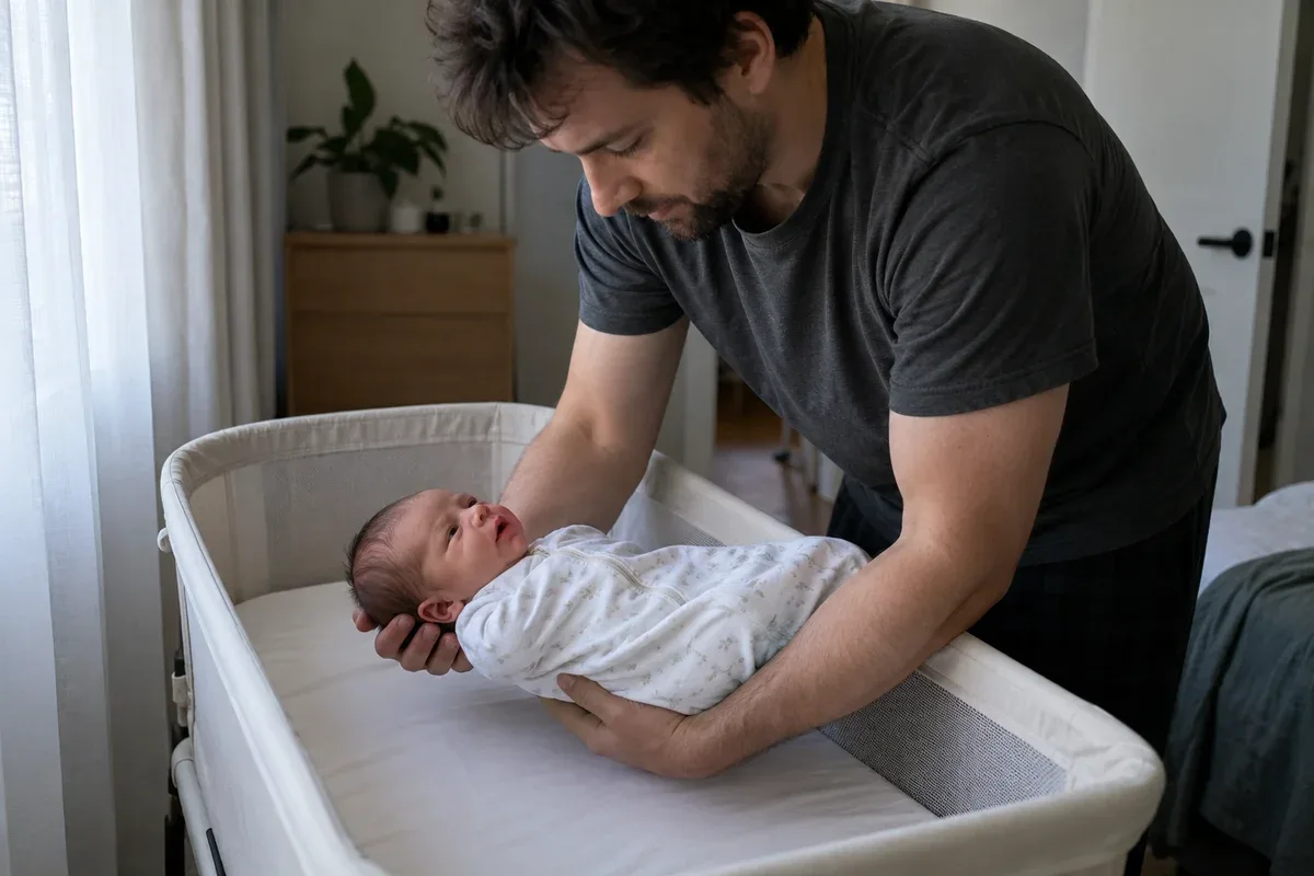 A parent lowering a newborn in a sleep sack onto their back in an empty bassinet with only a fitted sheet