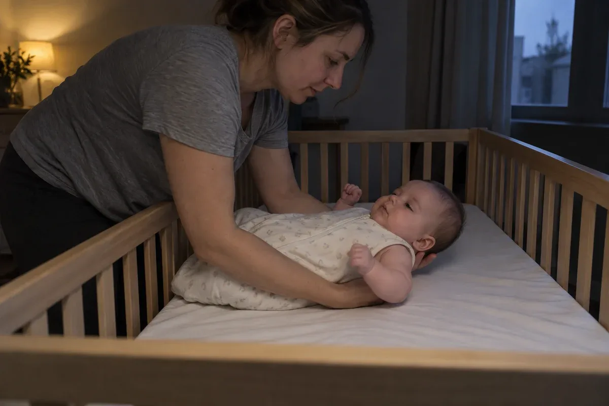 A parent lowering an awake 3 month old in a sleep sack onto their back in a bare crib with a fitted sheet only