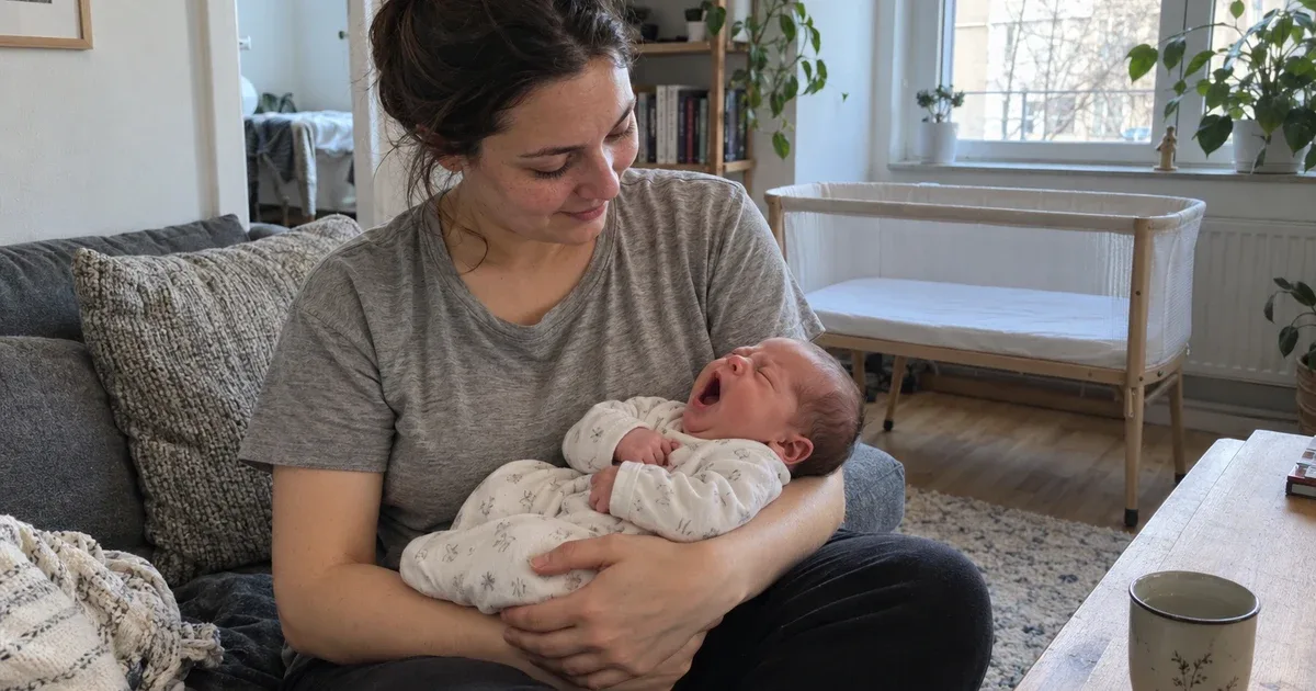 A parent on a sofa holding a yawning newborn in their arms, with an empty bassinet by the window behind them