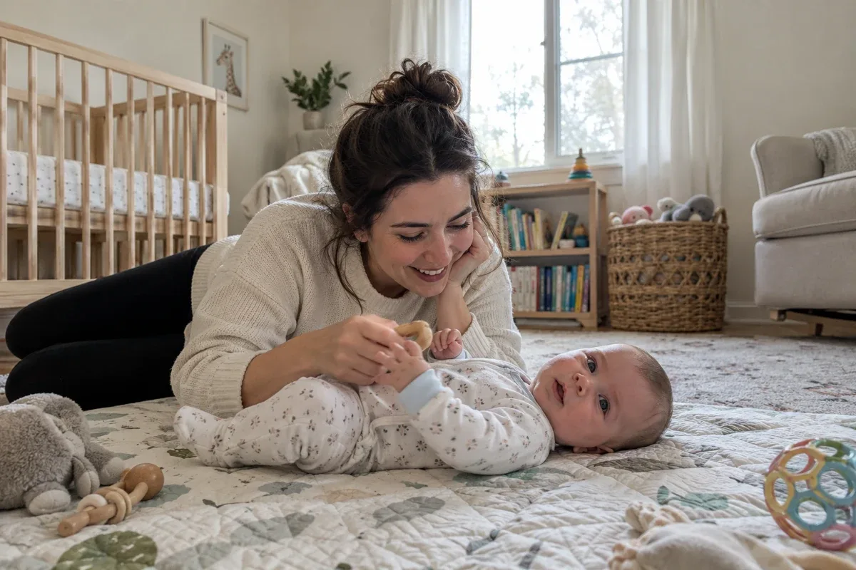 A parent plays with an awake baby lying on their back on a floor mat