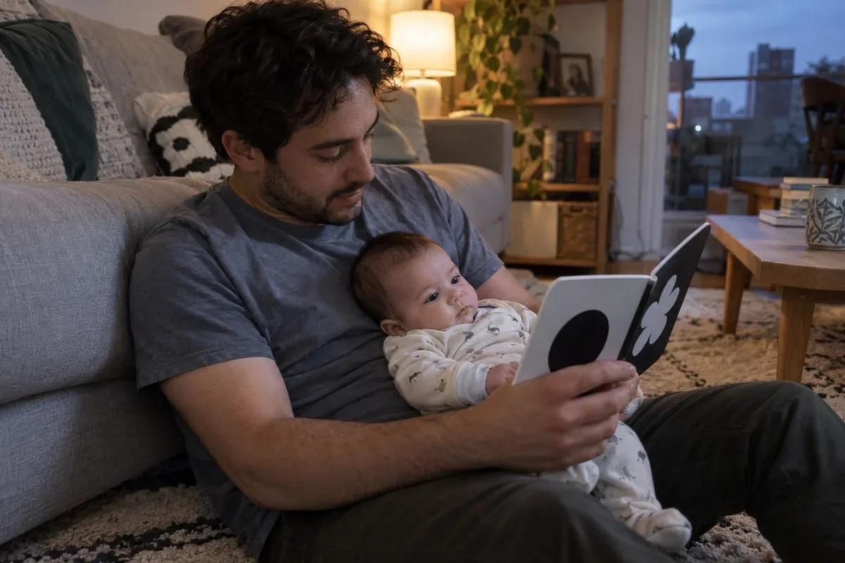A parent sitting on a rug against the sofa, reading a black and white board book to an awake 3 month old on their lap