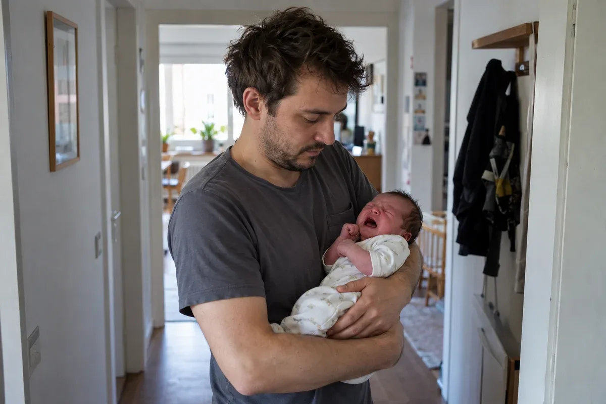 A parent standing in a hallway holding a crying newborn with a red face and clenched fists