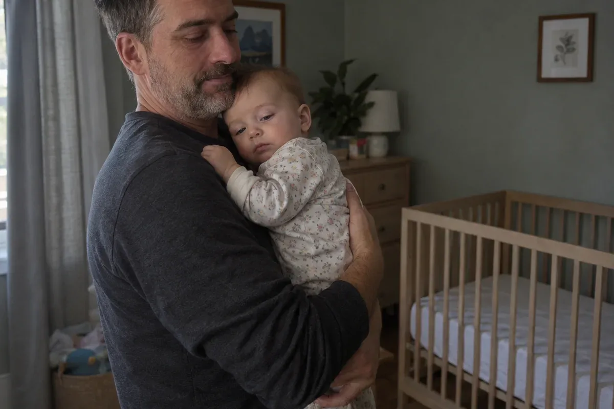 A parent sways in a dim nursery holding a drowsy but awake 8 month old on their shoulder, an empty crib behind