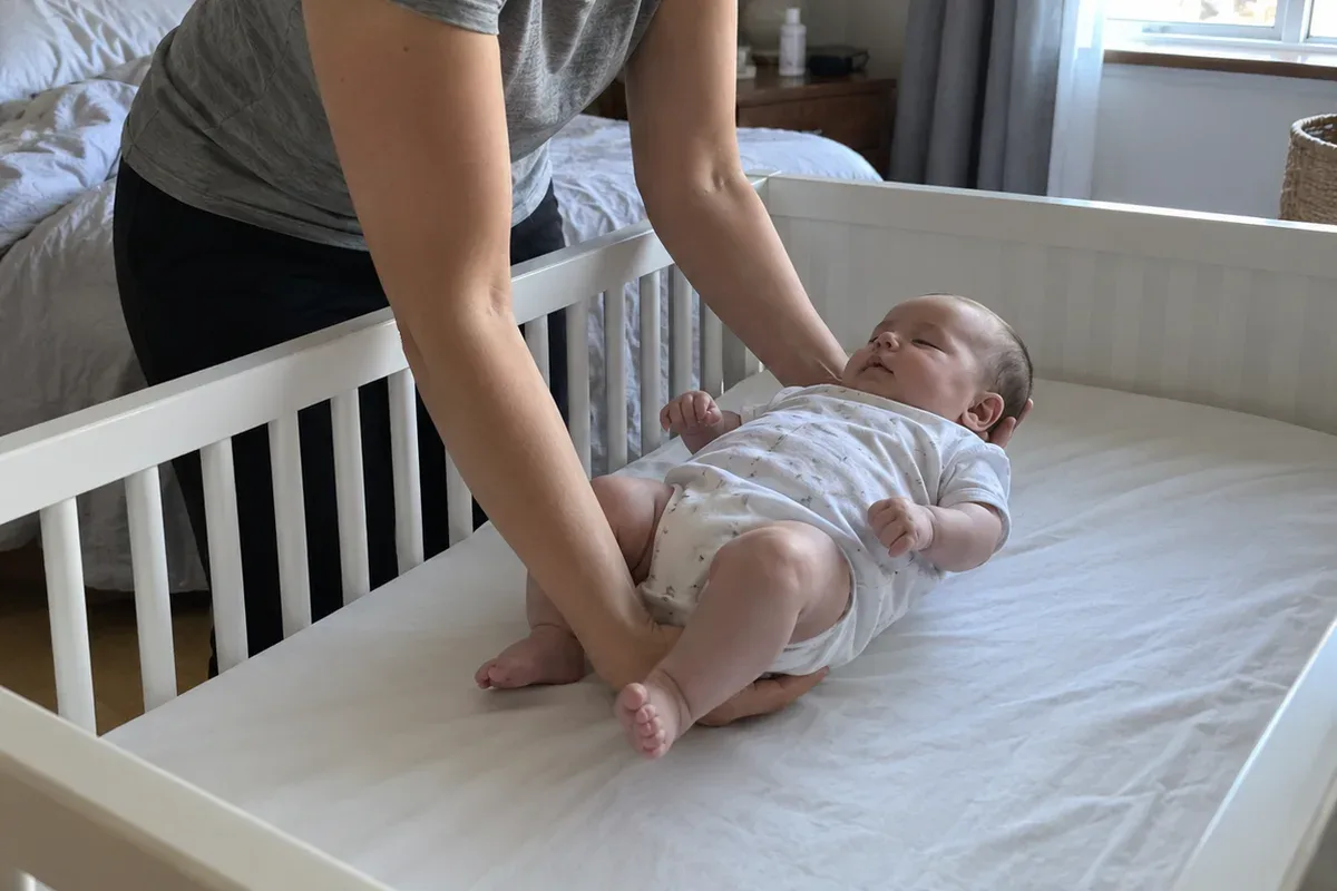 A parent's arms lowering a drowsy 3 month old onto their back in an empty crib with only a fitted sheet