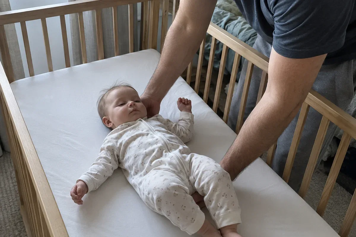 A parent's arms lowering a drowsy 7 month old onto their back in a bare crib with only a fitted sheet