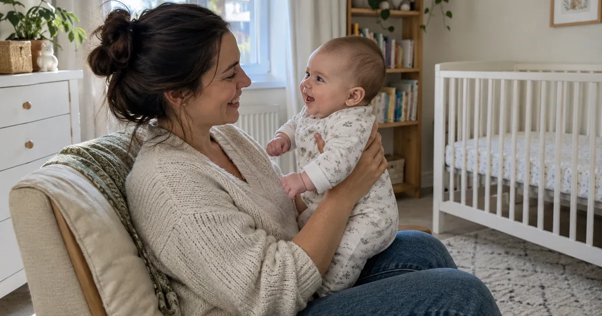 A smiling parent holds an awake baby upright in a chair beside a bare crib