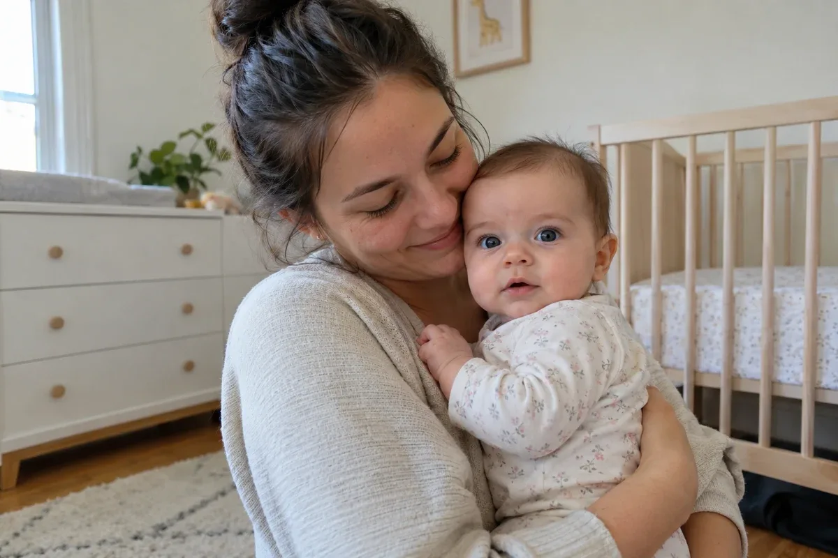 An awake baby looks toward the camera while held upright against a parent