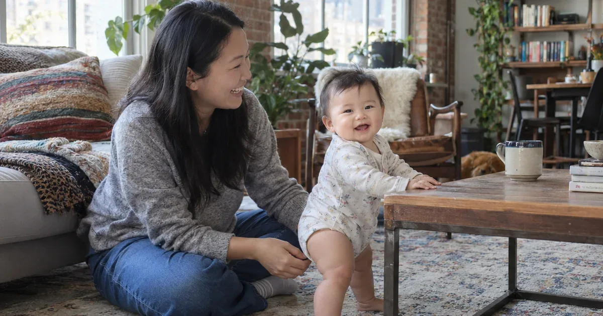 An East Asian mother kneels beside her smiling 9 month old as the baby pulls up to stand at a low coffee table in a bright loft