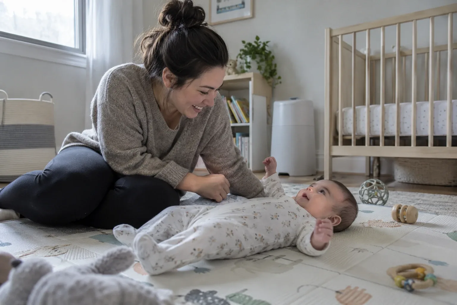 Awake baby lying on their back on a play mat with arms raised while a parent smiles beside them