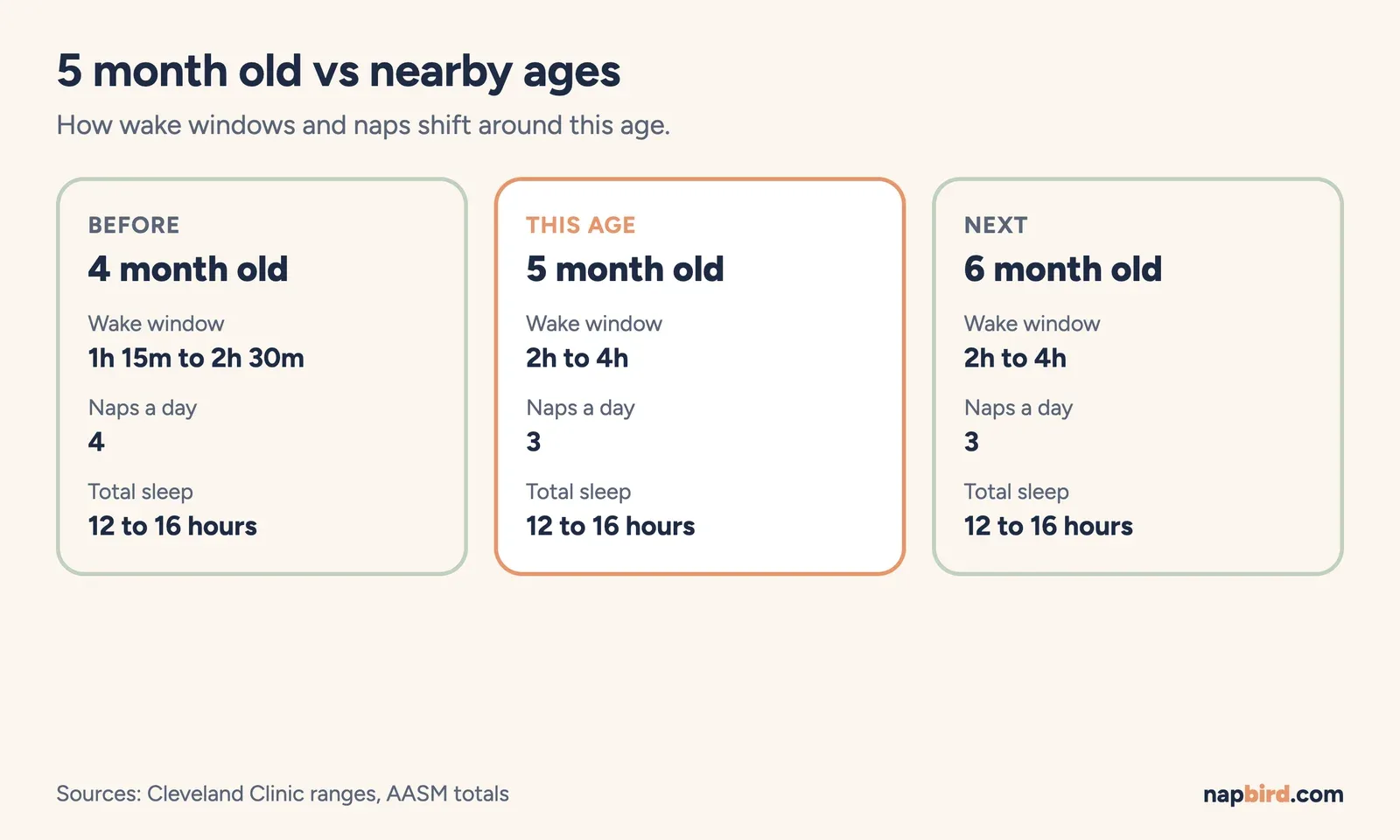 Cards comparing 4 months, 5 months and 6 months by wake window range, naps per day and total sleep