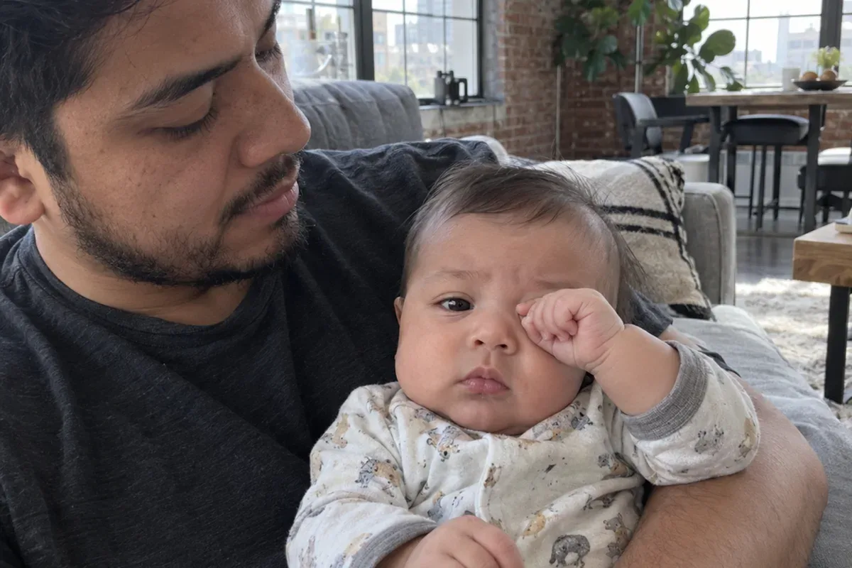 Close photo of a 3 month old in a parent's arms, yawning and turning their face away