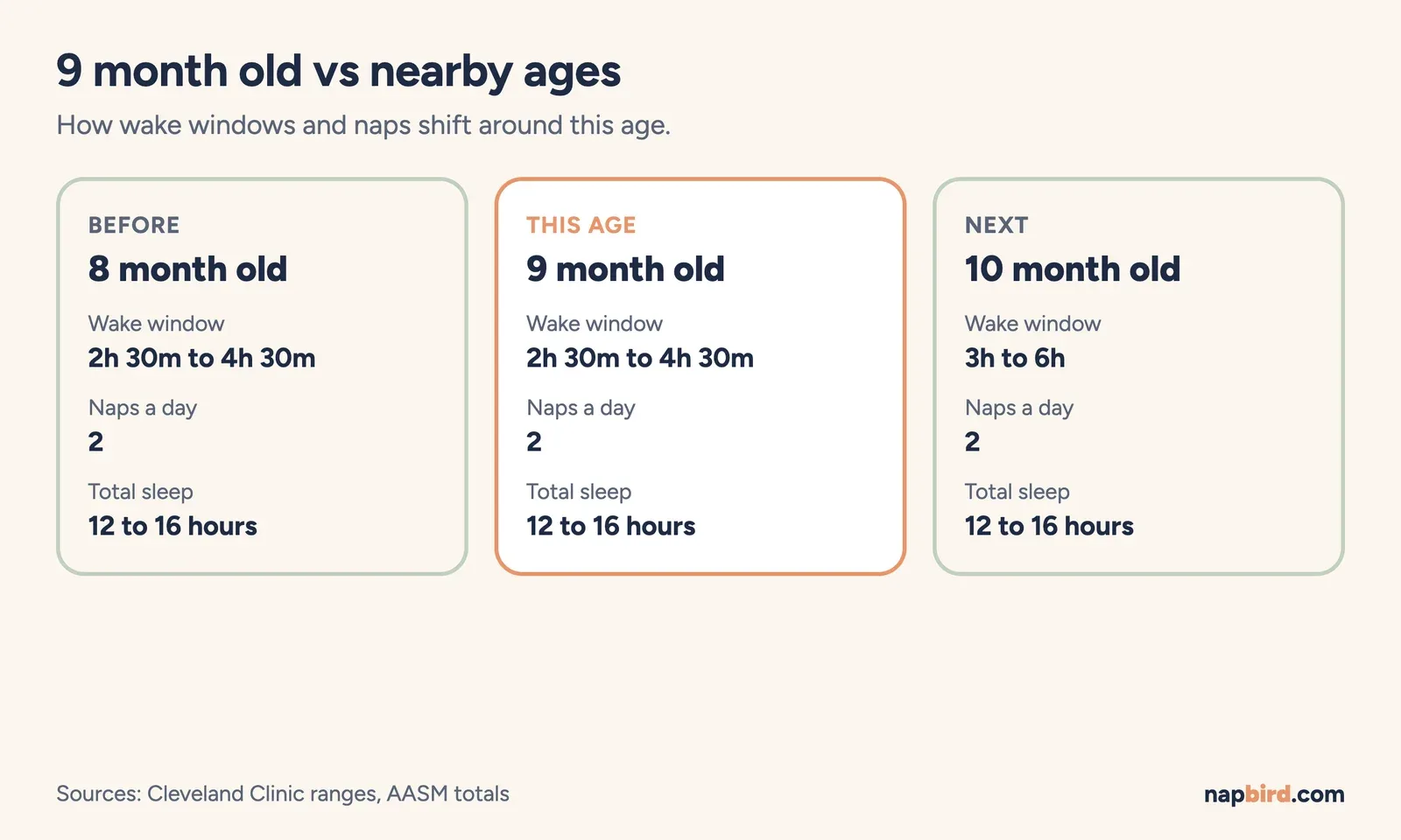 Comparison cards for 8, 9 and 10 months showing wake window range, naps per day and total sleep
