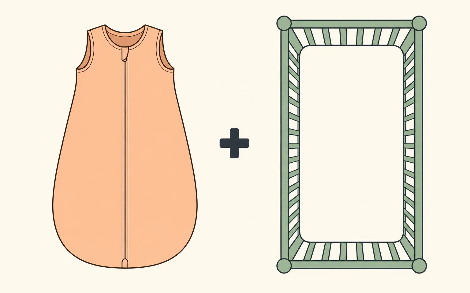 Diagram of an orange sleeveless sleep sack and a bare crib joined by a plus sign