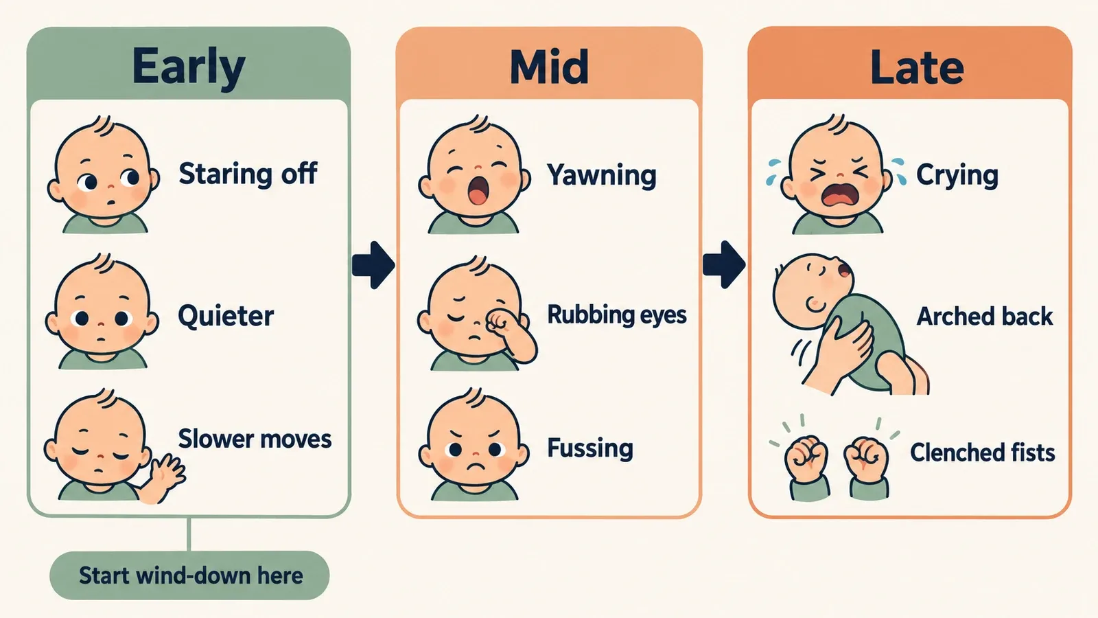 Diagram of newborn sleepy cues in three stages: early (staring off, quieter, slower moves), mid (yawning, rubbing eyes, fussing), late (crying, arched back, clenched fists)