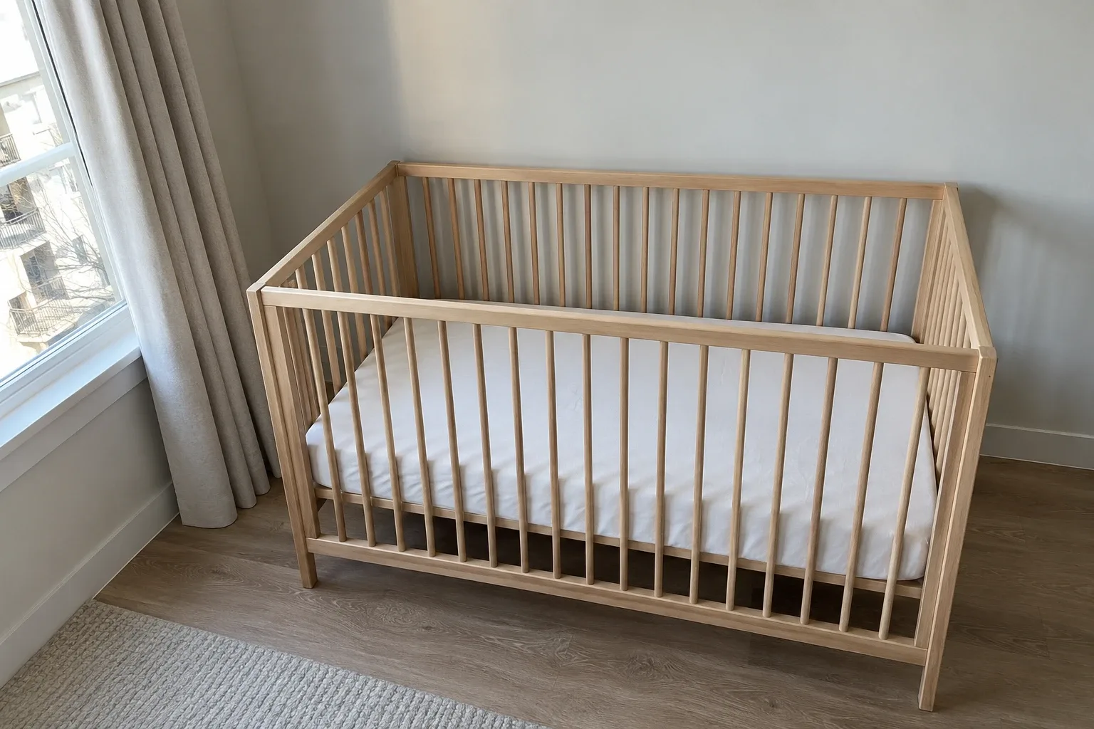 Empty wooden crib with a white fitted sheet and no bedding or toys