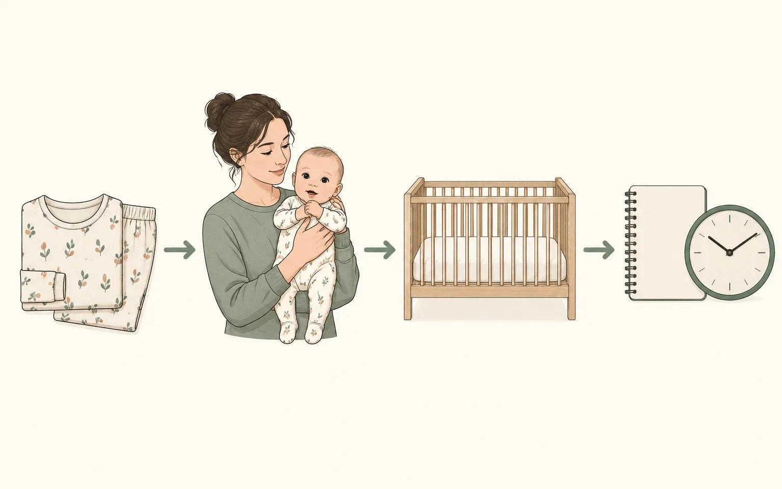 Four-step diagram showing pajamas, a parent holding an awake baby, an empty crib, and a notebook with a clock