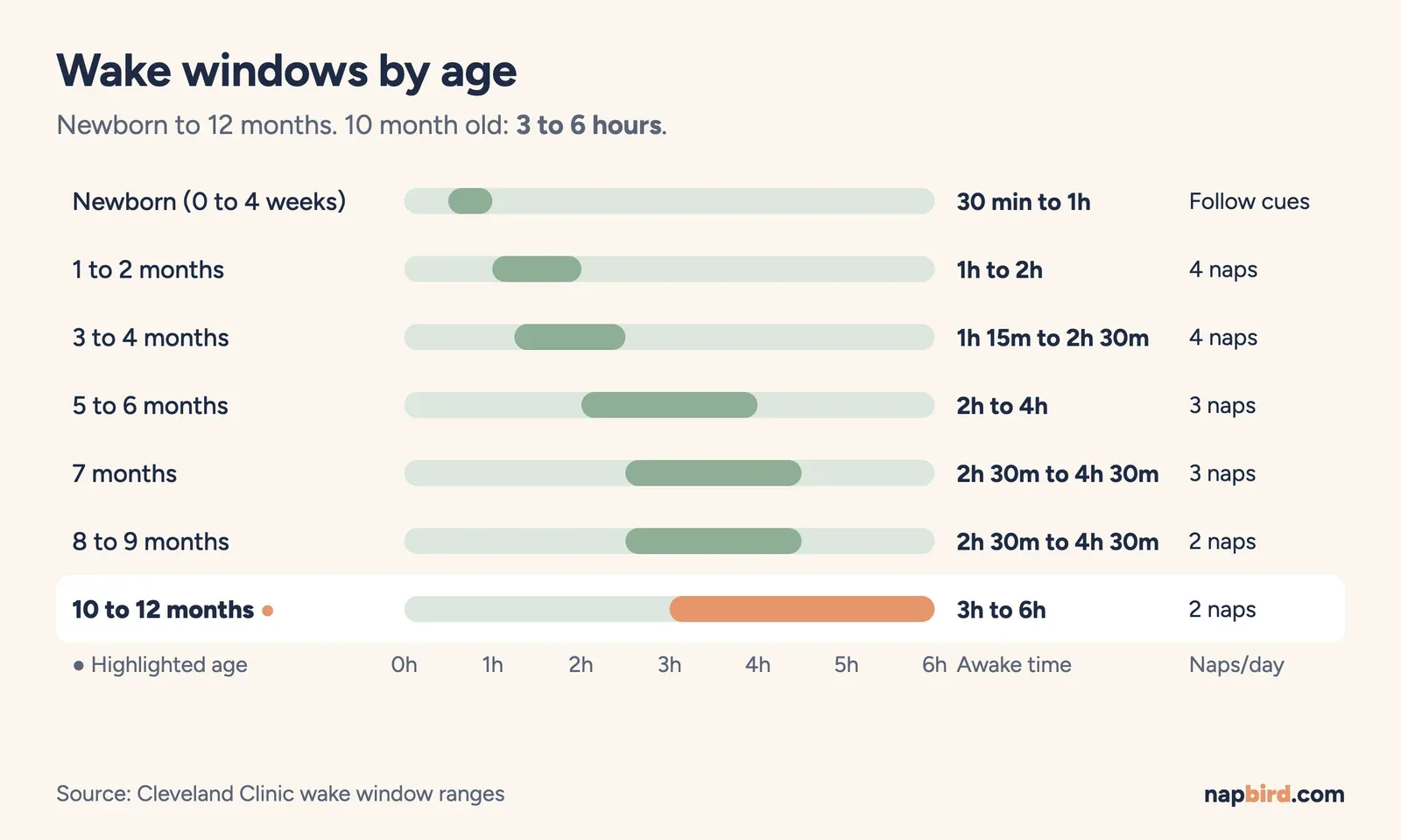 Horizontal range chart of baby wake windows for every age band, with the 10 month old band of 3 to 6 hours highlighted