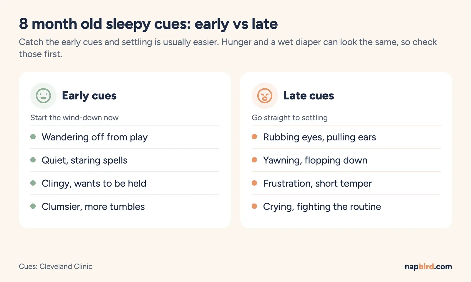 Infographic comparing early sleepy cues and late sleepy cues for a 8 month old
