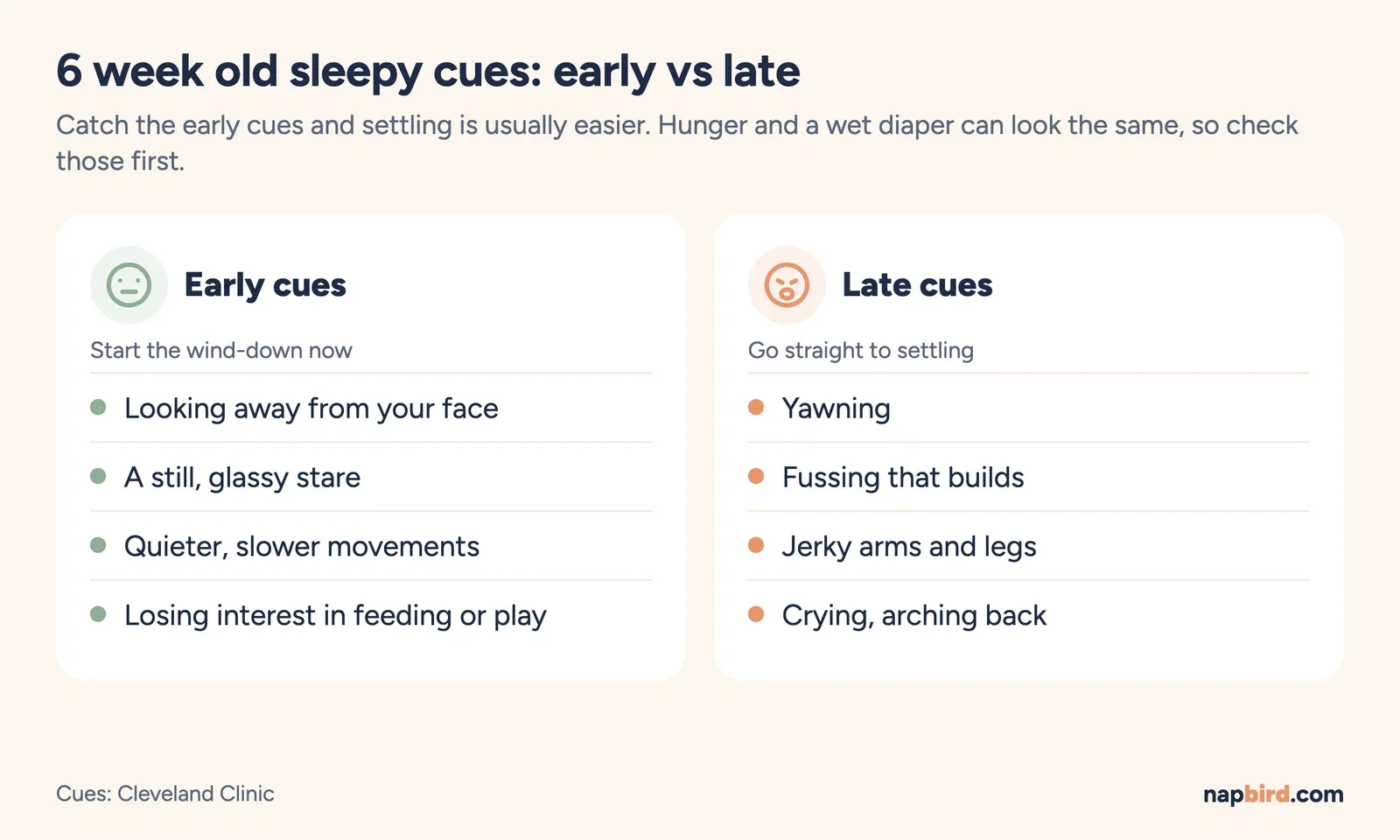 Infographic of early and late sleepy cues for a 6 week old: gazing past you, looking away, yawning, then fussing and arching