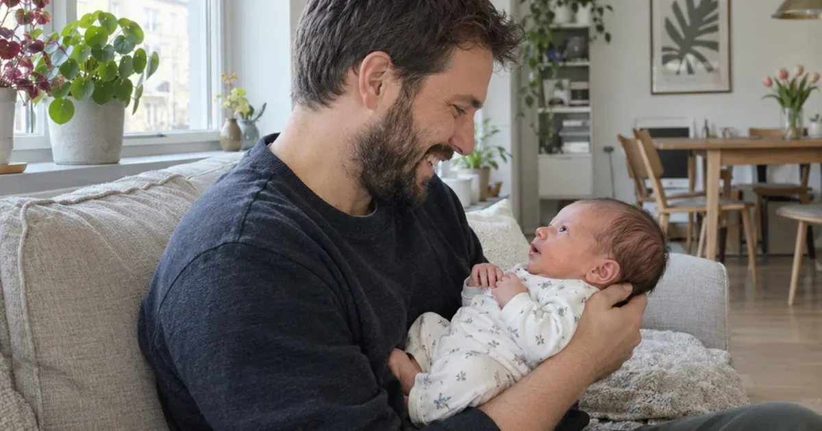 Parent holding a 3 week old upright on their chest after a feed, the baby gazing at the parent's face