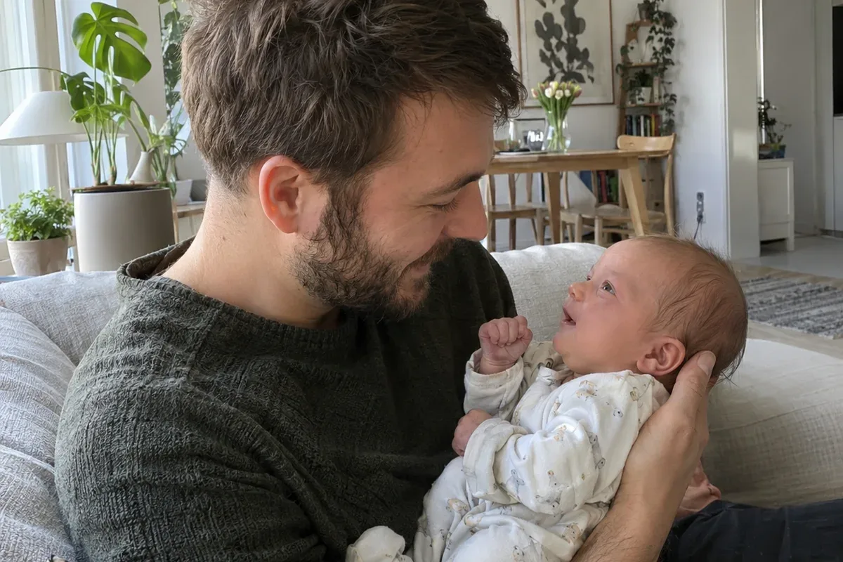 Parent holding a 3 week old upright on their chest after a feed, the baby looking up at the parent's face