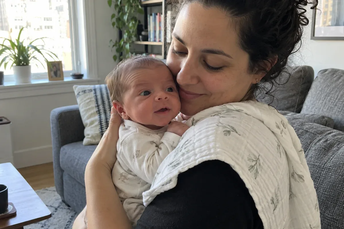Parent holding a newborn upright against their chest after a feed in a daylit living room