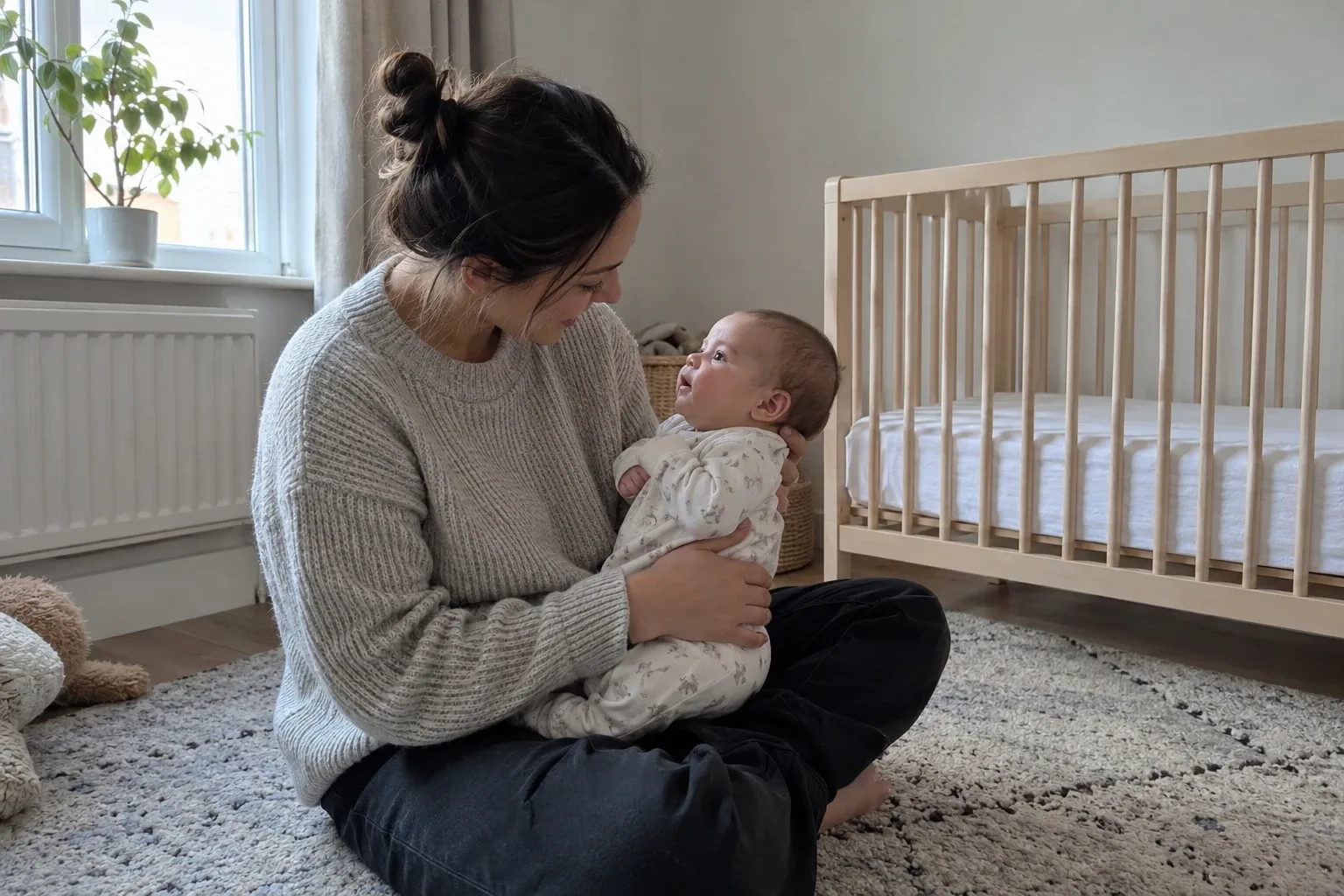 Parent holding an awake baby upright on their lap beside an empty wooden crib