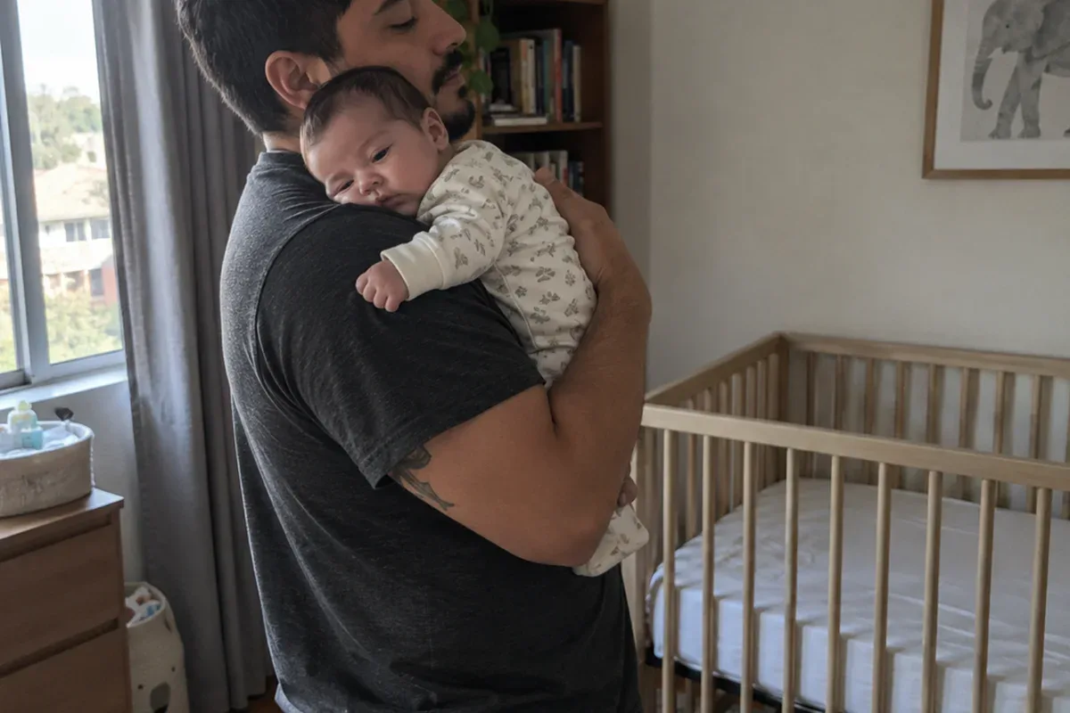 Parent in a dim nursery gently swaying with a drowsy, awake 3 month old on their shoulder, an empty crib behind them