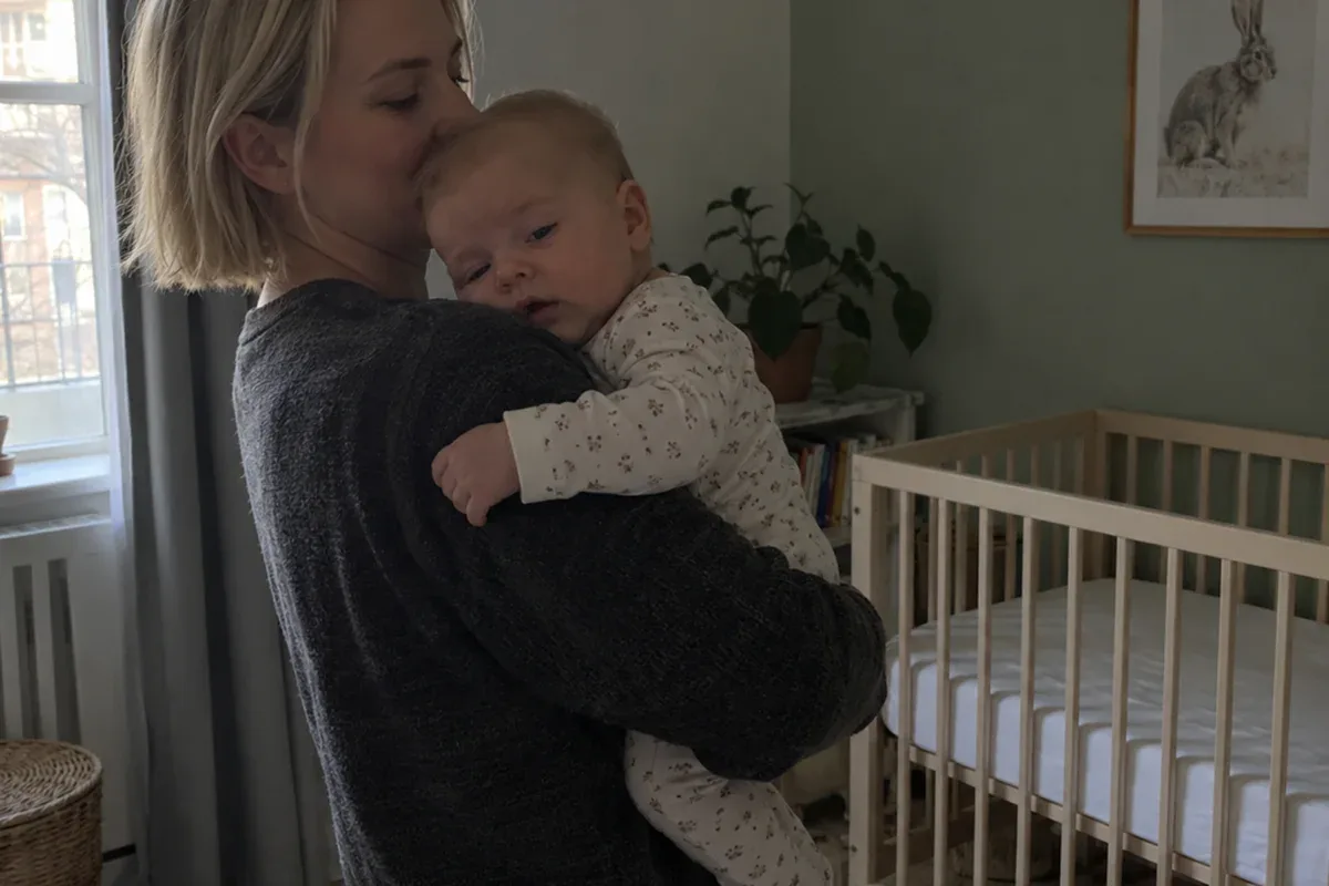 Parent in a dim nursery swaying with a drowsy but awake 4 month old resting on their shoulder, the empty crib behind