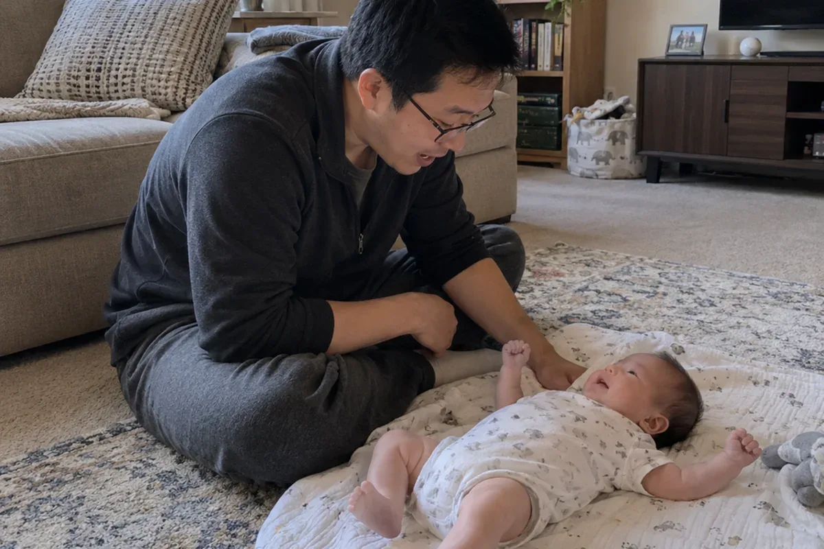 Parent lying beside a 1 month old on a play mat on the living room floor, the baby looking at a high contrast card