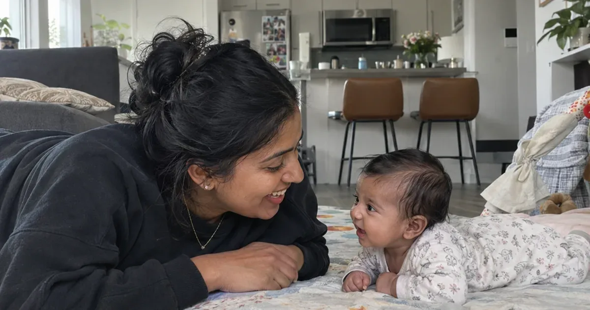 Parent lying face to face with a smiling 2 month old on a play mat during tummy time